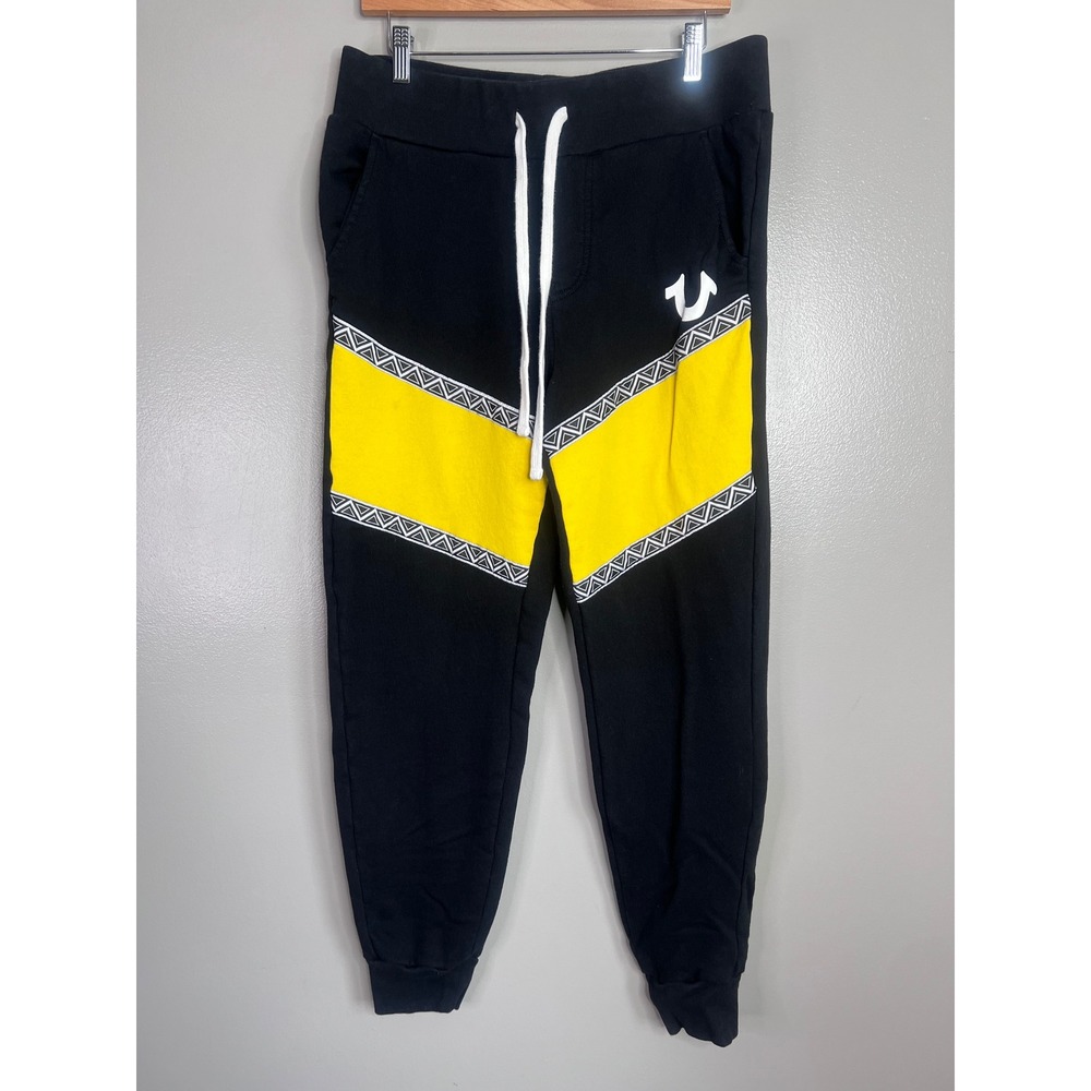 True Religion Mens Paneled Jogger Black Yellow Chevron Horseshoe Logo Small